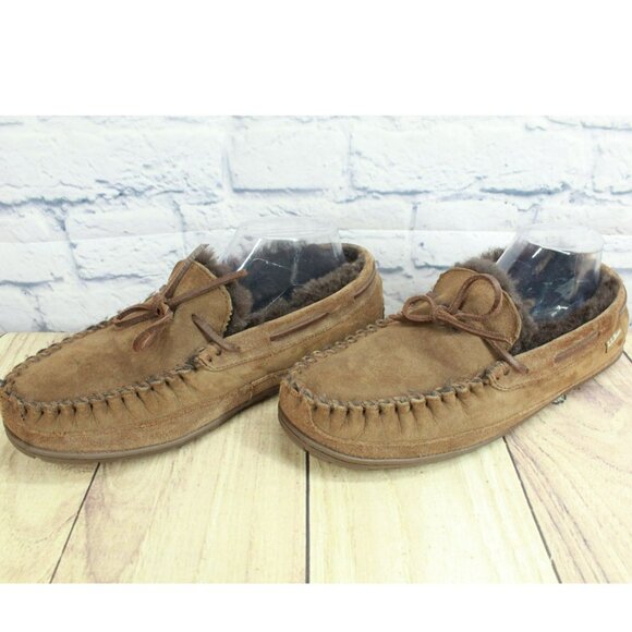 LL Bean Dark Brown Suede Wicked Good Shearling Lined Moccasin Slippers Size 9 M - Picture 2 of 9